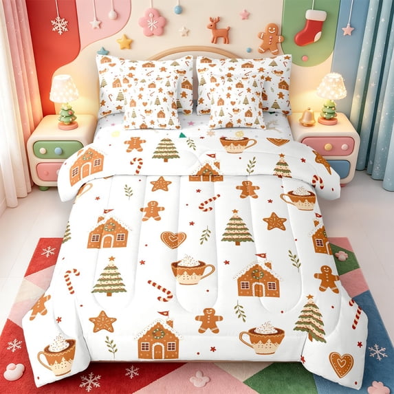 Manfei Traditional Xmas Pink Christmas 7 Pieces Full Size Bedding Sets,Winter Holiday Full Size Bed in a Bag,Xmas Reversible