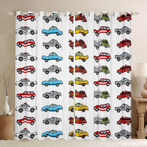 Manfei Traffic Vehicle Black Out Curtains,Kawaii Car Curtains Pack of 2 (42x63 Each),White Blue Red Bedroom Curtains For Boys,Breathable Home Decor