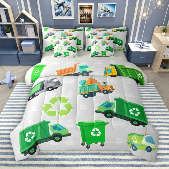 Manfei Trash Can 7-Piece Bedding Comforter Set,Environmental Theme King Bedding Sets,Green Gray Bed Sheets For Boys Kids,Super Cozy Room Decor Reversible