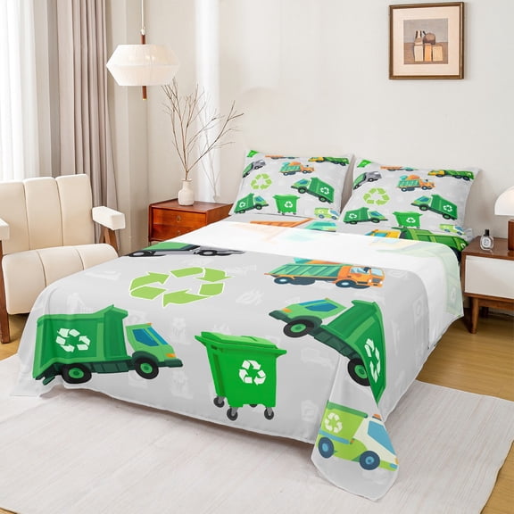 Manfei Trash Can Bed Sheets,Environmental Theme King Sheets,Green Gray Sheet Set For Boys Kids,Super Cozy Room Decor,4 Pieces