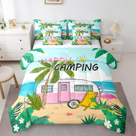 Manfei Travel Trailer 7-Piece Twin Bedding Sets,Happy Camping Bedding Comforter Set,Hawaii Sea Beach Holiday Sheet Sets For Boys Kids,Luxury Bedroom Decor Reversible