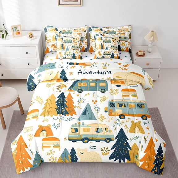 Manfei Travel Trailer Bed in a Bag Queen Size,Camp Theme Bed Set,Graffiti Botanical Tree Bedding Queen Size,Microfiber Room Decoration Reversible,7 Pieces