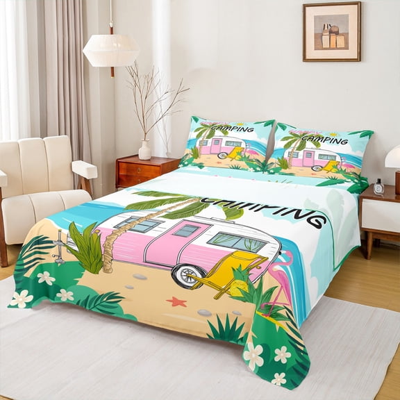 Manfei Travel Trailer Bed Sheets,Happy Camping King Sheets,Hawaii Sea Beach Holiday Sheet Set For Boys Kids,Luxury Bedroom Decor,4pcs