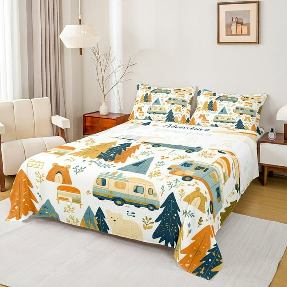 Manfei Travel Trailer Bed Sheets Queen,Camp Theme Bedding Sets Queen Size,Graffiti Botanical Tree Sheet Set Queen,Microfiber Room Decoration,4 Pieces
