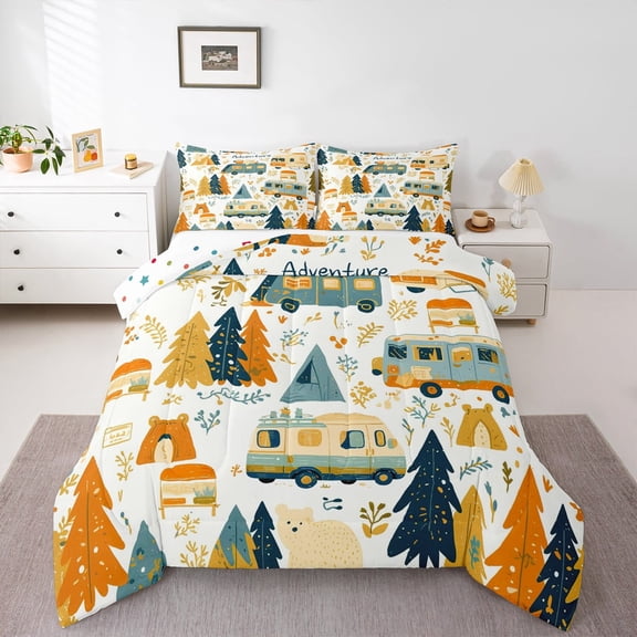 Manfei Travel Trailer Bedding Full Comforter Set,Camp Theme Down Comforter,Graffiti Botanical Tree Bedding Sets Full with Comforter,Microfiber Room Decoration Reversible,3 Pieces