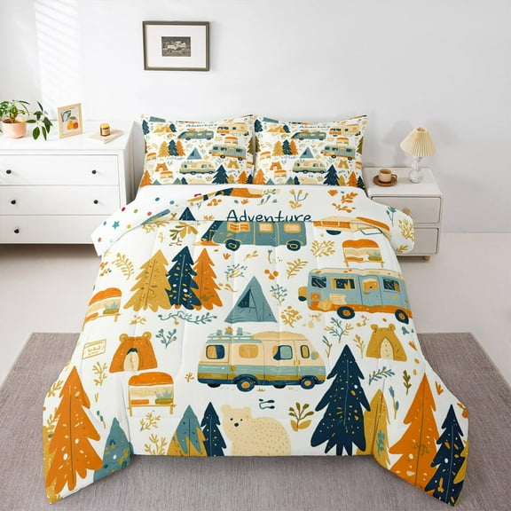 Manfei Travel Trailer Bedding Sets Queen with Comforter,Camp Theme Duvet Insert,Graffiti Botanical Tree Comforter Sets Queen Size,Microfiber Room Decoration Reversible,3pcs
