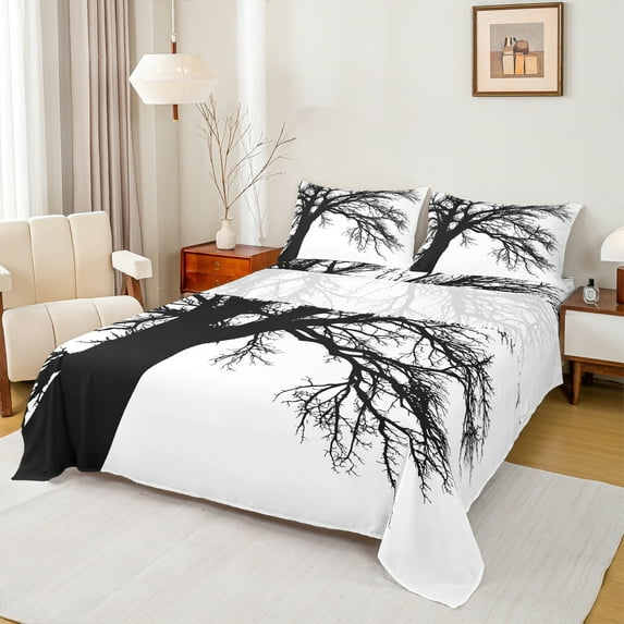 Manfei Tree Full Size Sheets,Natural Theme Bed Sheets,White Black Sheet Sets For Men Women,Luxury Bedroom Decor,4 Pieces