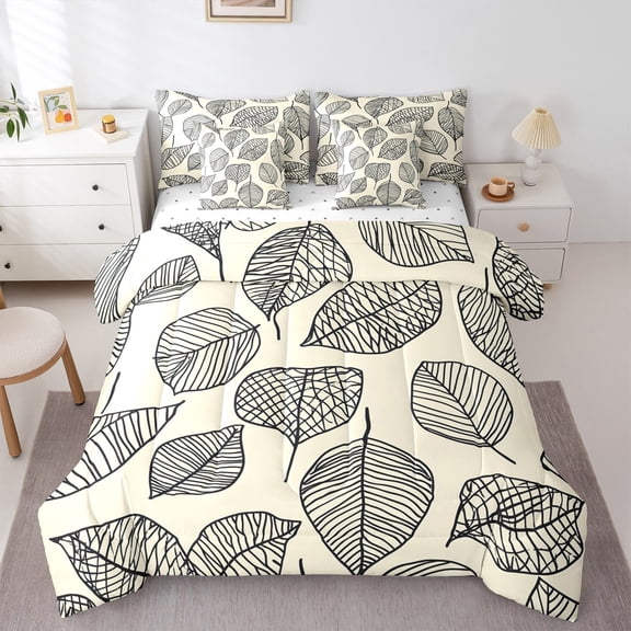 Manfei Tree Leaves 7-Piece Bedding Comforter Set for Teens Boys Girls,Botanical Plants King Bedding Sets,Abstract Stripes Ultra Soft Bed Sheets,Lightweight Room Decor,Reversible