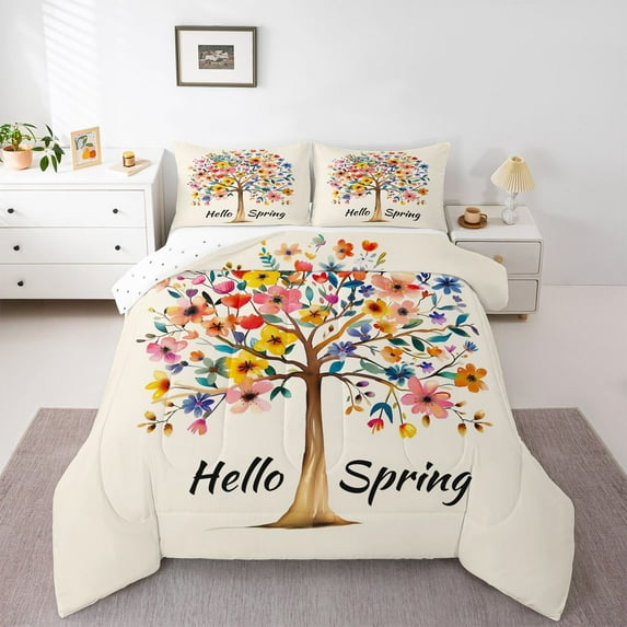Manfei Tree Of Life Boy Girl Bedding Comforter Set 2pcs,Colorful Flowers Twin Comforter Sets Microfiber,Spring Garden Breathable Bedding Set,Breathable Home Decor,Reversible