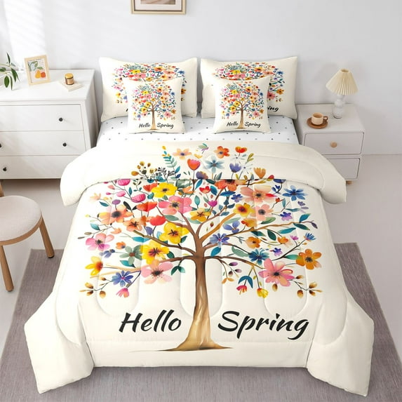 Manfei Tree Of Life Boy Girl Bedding Comforter Set 7 Pieces,Colorful Flowers Full Bedding Set Lightweight,Spring Garden Fitted Sheet Flat Sheet,Breathable Home Decor,Reversible