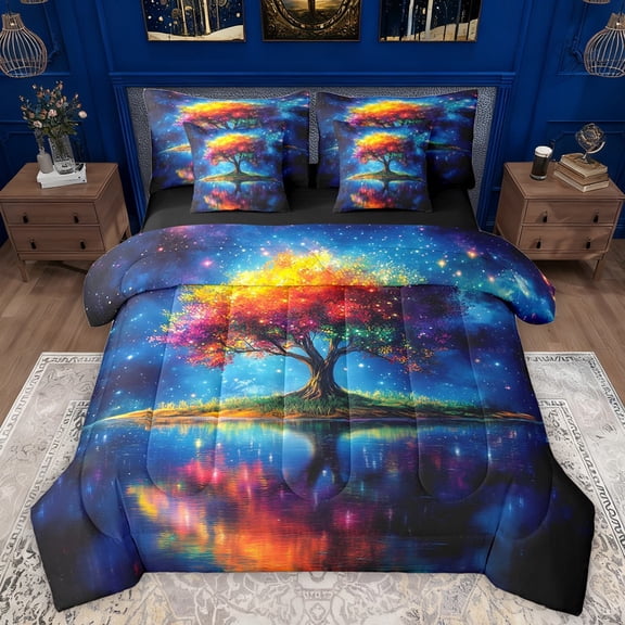 Manfei Tree Of Life Boy Girl Twin Bedding Sets 7-Piece,Bohemian Theme Bedding Comforter Set Microfiber,Starry Sky Breathable Sheet Sets,Breathable Home Decor,Reversible