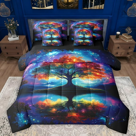 Manfei Tree Of Life Twin Bedding Sets 7-Piece for Teens Adults,Gradient Galaxy Universe Bedding Comforter Set Microfiber,Bohemian Boho Breathable Sheet Sets,Lightweight Room Decor,Reversible