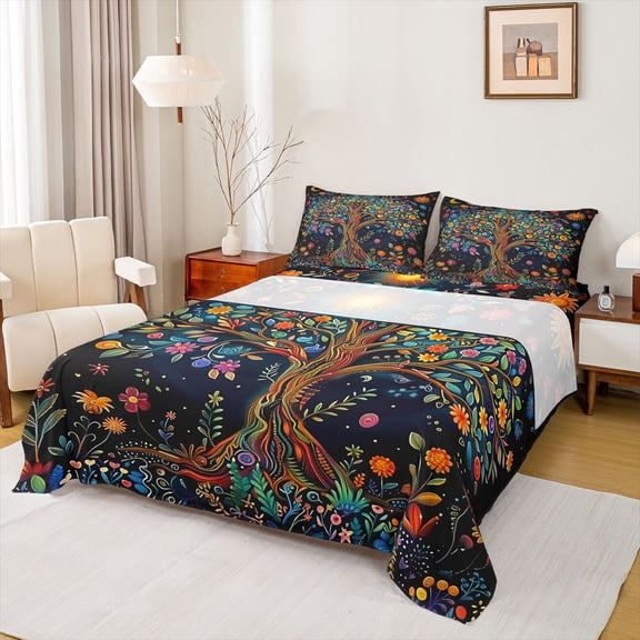 Manfei Tree Of Life 4pcs Bed Sheets for Female Men,Bohemian Flowers King Sheets,Exotic Style Super Cozy Sheet Set,Luxury Bedroom Decor