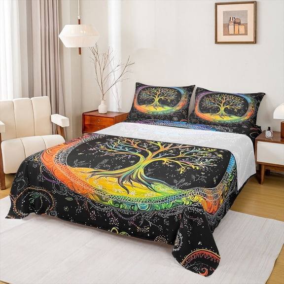 Manfei Tree Of Life Twin Sheet Sets,Boho bohemian Exotic Twin Fitted Sheet,Western Fantasy Flat Sheet For Men Women,Microfiber Bedroom Decor,3-Piece