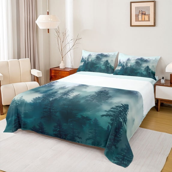 Manfei Tree Print 4 Pieces Queen Sheet Sets for Teens Boys Girls,Botanical Theme Ultra Soft Flat Sheet,Jungle Plants Queen Fitted Sheet,Luxury Bedroom Decor