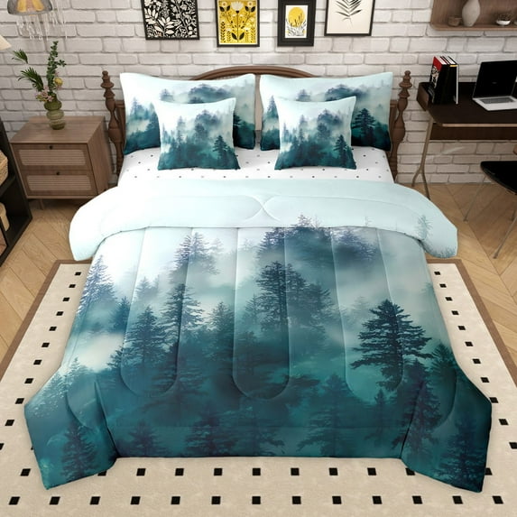 Manfei Tree Print 7 Pieces Bedding Comforter Set for Teens Boys Girls,Botanical Theme Full Bedding Set Lightweight,Jungle Plants Fitted Sheet Flat Sheet,Luxury Bedroom Decor,Reversible
