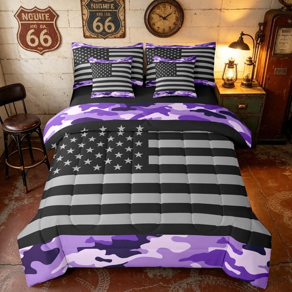 Manfei Trendy Purple Camouflage American Flag Queen Bedding, Unique Patriotic Independence Day Bedding Comforter Set Queen, Black Reversible 7pcs