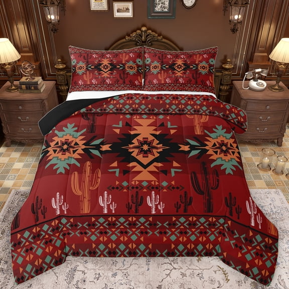Manfei Triangle Aztec Adult Queen Comforter Set, Cartoon Red Botanical Cactus Bedding Sets, Vintage Western Bohemian Reversible Bedding Comforter Set, Super Cozy Room Decor, 3 Pieces