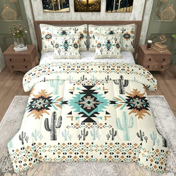 Manfei Triangle Aztec Kids Bedding Comforter Set 7pcs, Cartoon Hippie Cactus King Bedding Sets, Vintage Western Bohemian Reversible Bed Sheets, Microfiber Bedroom Decor