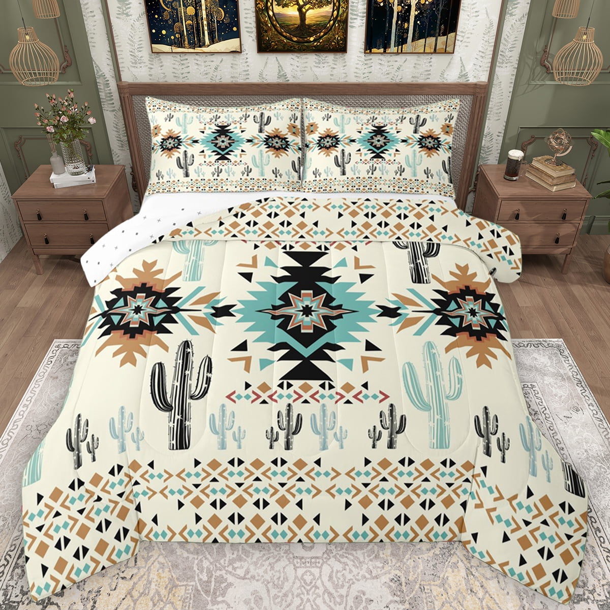 Manfei Triangle Aztec Kids Bedding Comforter Set, Cartoon Hippie Cactus ...