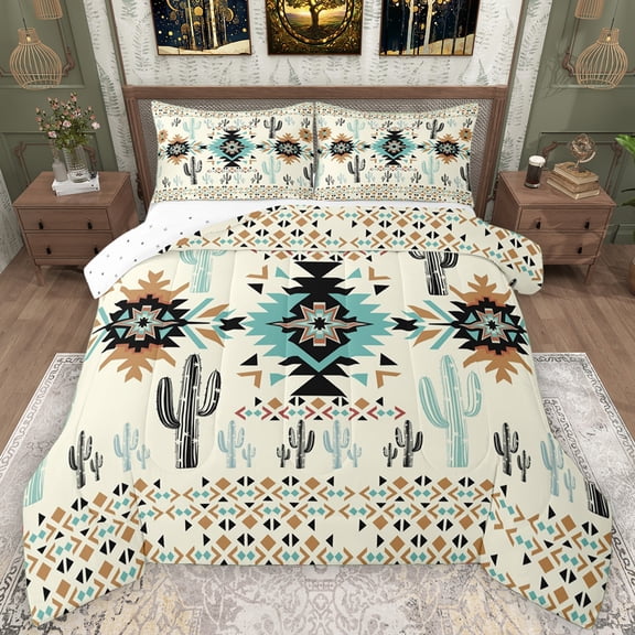 Manfei Triangle Aztec Kids Queen Comforter Set, Cartoon Hippie Cactus Bedding Sets, Vintage Western Bohemian Reversible Bedding Comforter Set, Microfiber Bedroom Decor, 3 Pieces