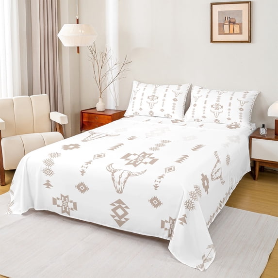Manfei Tribal Aztec Adult Bed Sheets, White Wheat Geometric King Sheets, Western Sheep Skeleton Sheet Set, Microfiber Bedroom Decor, 4-Piece