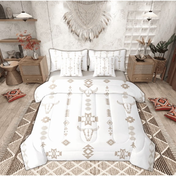 Manfei Tribal Aztec Adult Bedding Comforter Set 7-Piece, White Wheat Geometric King Bedding Sets, Western Sheep Skeleton Reversible Bed Sheets, Microfiber Bedroom Decor