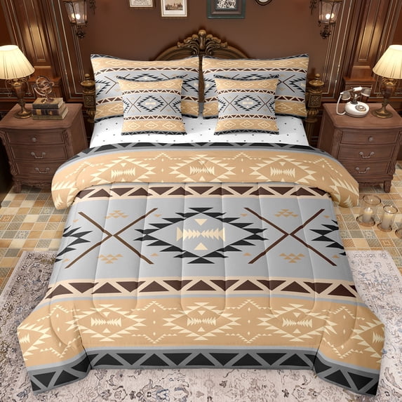Manfei Tribal Aztec Adult Bedding Comforter Set 7 Pieces, Wheat Grey Triangle Full Bedding Set, Vintage Western Bohemian Reversible Fitted Sheet Flat Sheet, Breathable Home Decor
