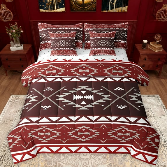 Manfei Tribal Aztec Adult Bedding Comforter Set 7pcs, Red Maroon Triangle Queen Bedding Sets, Vintage Western Bohemian Reversible Queen Sheet Sets, Lightweight Room Decor