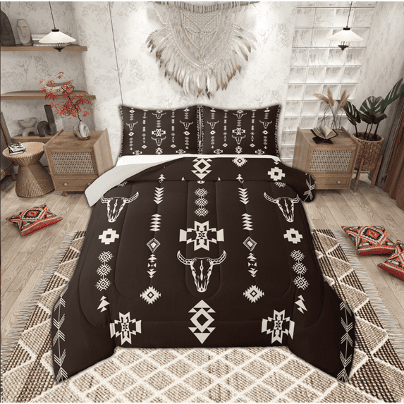 Manfei Tribal Aztec Adult Full Size Comforter Sets, Brown Triangle Geometric Bedding Comforter Set, Western Sheep Skeleton Reversible Bedding Sets, Ultra Soft Home Decor, 3-Piece