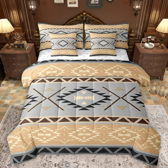Manfei Tribal Aztec Adult Twin Bedding Sets 7-Piece, Wheat Grey Triangle Bedding Comforter Set, Vintage Western Bohemian Reversible Sheet Sets, Breathable Home Decor