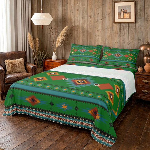 Manfei Tribal Aztec Bed Sheets, Boho Geometric Fuul Size Sheets, Teal, Orange and Green, Black Reversible 4-Piece1 Flat Sheet + 1 Fitted Sheet + 2 Pillowcases
