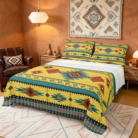 Manfei Tribal Aztec Bed Sheets, Boho Geometric Fuul Size Sheets, Teal, Orange and Yellow, Black Reversible 4 Pieces1 Flat Sheet + 1 Fitted Sheet + 2 Pillowcases
