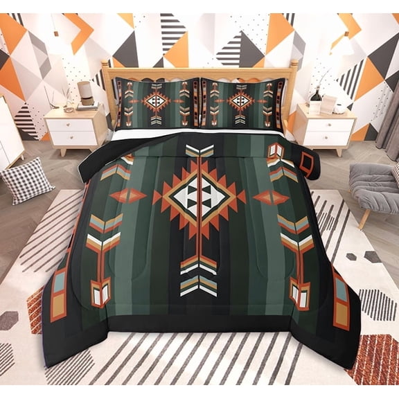 Feelyou Tribal Aztec Bedding Comforter Set, Green Orange Twin Comforter Sets, Bohomian Hippie Style Bedding Set, Lightweight Room Decoration, 2-Piece