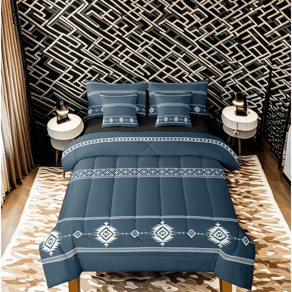 Manfei Tribal Aztec Bedding Full Size, Western Geometric Bed Set, Steel Blue Reversible Bedding Sets Full Size, Microfiber Bedroom Decor, 7 Pieces