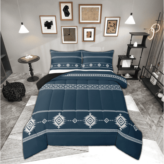 Manfei Tribal Aztec Comforter Sets Queen Size, Western Geometric Down Comforter, Steel Blue Reversible Bedding Queen Comforter Set, Microfiber Bedroom Decor, 3 Pieces