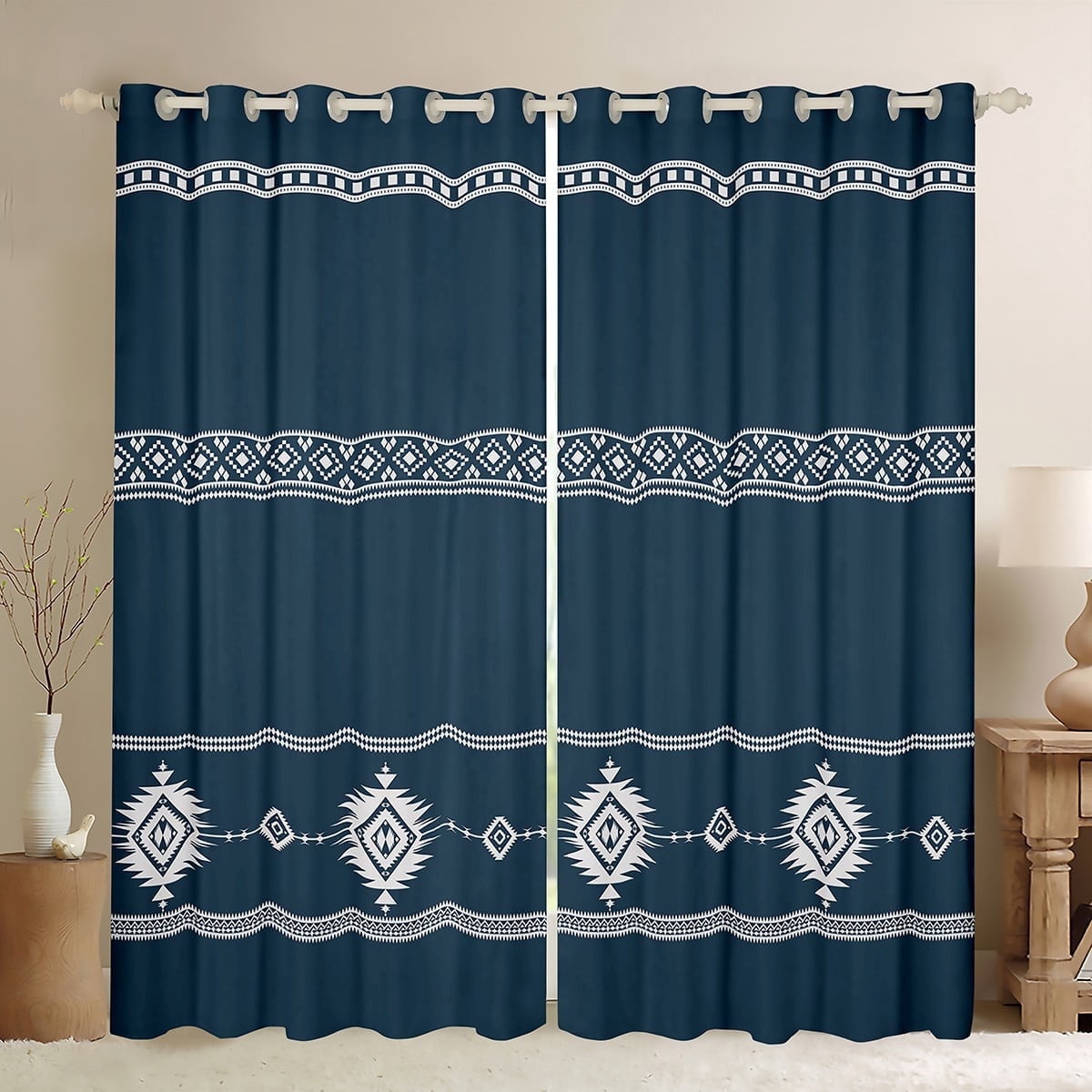 Manfei Tribal Aztec Curtains for Living Room, Western Geometric Blackout Curtains Set of 2 (52x84), Steel Blue Curtains and Drapes (52x84), Living Room Curtains Bedroom Decor