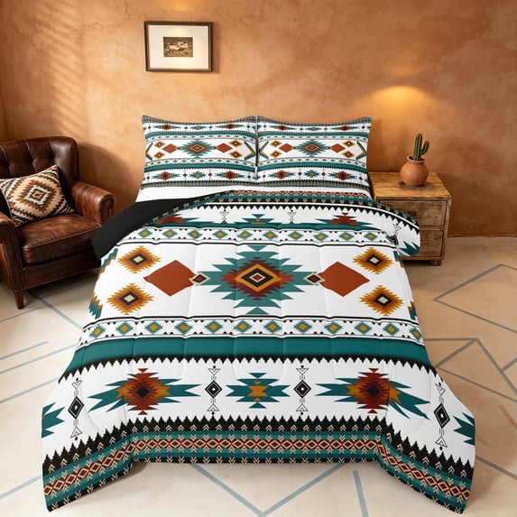 Manfei Tribal Aztec Full Size Comforter Sets, Boho Geometric Bedding Comforter Set, Teal, Orange and White, Black Reversible 3-Piece, 1 Comforter and 2 Pillowcases