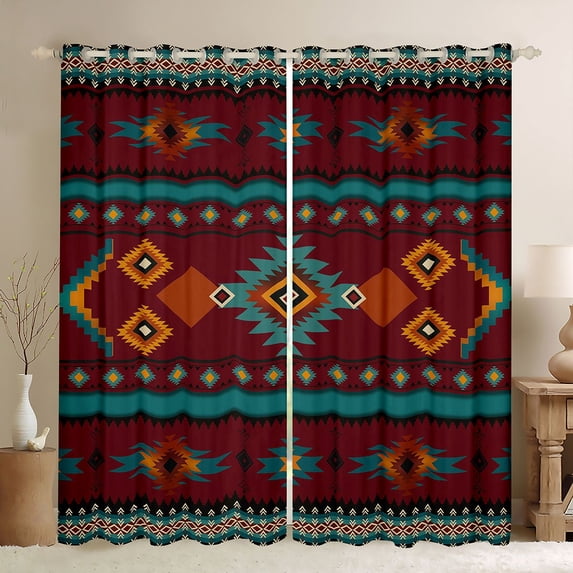 Manfei Tribal Aztec Kitchen Curtains, Boho Geometric Black Out Curtains Pack of 2 (42x63 Each), Teal, Orange and Maroon