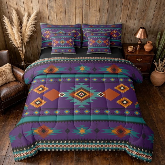 Manfei Tribal Aztec Queen Bedding, Boho Geometric Bedding Comforter Set Queen, Teal, Orange and Purple, Black Reversible 7 Pieces