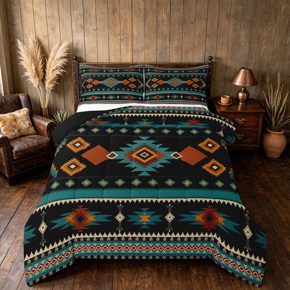 Manfei Tribal Aztec Queen Comforter Set, Boho Geometric Comforter Sets Queen, Teal, Orange and Black, Black Reversible 3pcs, 1 Comforter and 2 Pillowcases
