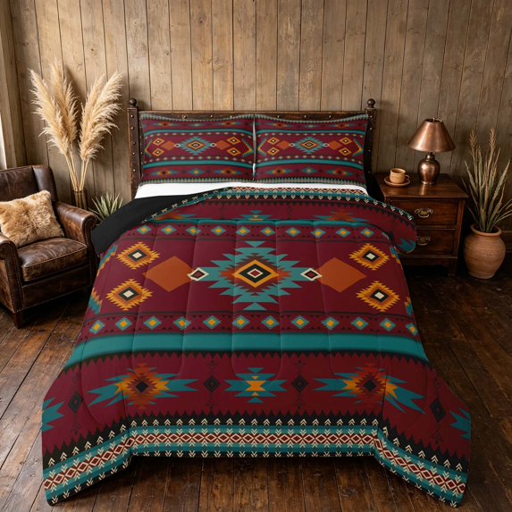 Manfei Tribal Aztec Queen Comforter Set, Boho Geometric Comforter Sets Queen, Teal, Orange and Maroon, Black Reversible 3 Pieces, 1 Comforter and 2 Pillowcases
