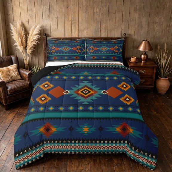 Manfei Tribal Aztec Queen Comforter Set, Boho Geometric Comforter Sets Queen, Teal, Orange and Navy, Black Reversible 3-Piece, 1 Comforter and 2 Pillowcases