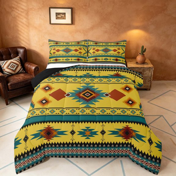Manfei Tribal Aztec Queen Comforter Set, Boho Geometric Comforter Sets Queen, Teal, Orange and Yellow, Black Reversible 3 Pieces, 1 Comforter and 2 Pillowcases