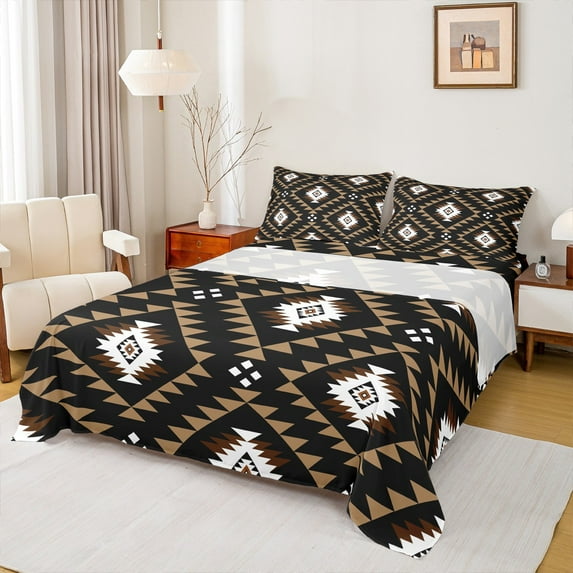 Manfei Tribal Aztec Teens Bed Sheets, Brown Geometric Triangle King Sheets, Western Bohemian Sheet Set, Ultra Soft Home Decor, 4pcs