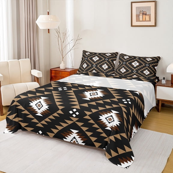 Manfei Tribal Aztec Teens Bed Sheets, Brown Geometric Triangle King Sheets, Western Bohemian Sheet Set, Ultra Soft Home Decor, 4pcs
