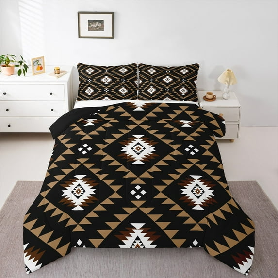 Manfei Tribal Aztec Teens Bedding Comforter Set, Brown Geometric Triangle Twin Comforter Sets, Western Bohemian Reversible Bedding Set, Ultra Soft Home Decor, 2pcs