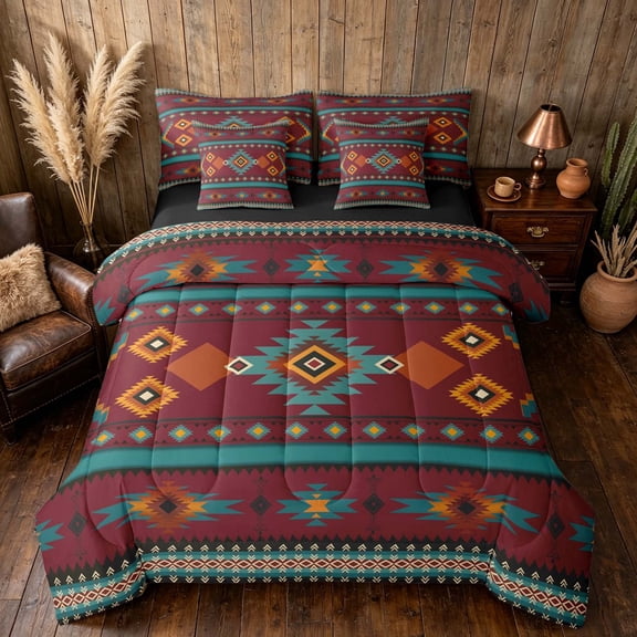 Manfei Tribal Aztec Twin Bedding, Boho Geometric Bedding Comforter Set, Teal, Orange and Maroon, Black Reversible 7-Piece