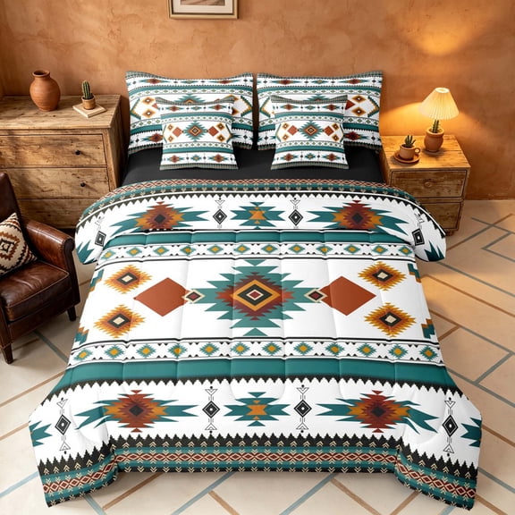 Manfei Tribal Aztec Twin Bedding, Boho Geometric Bedding Comforter Set, Teal, Orange and White, Black Reversible 7pcs