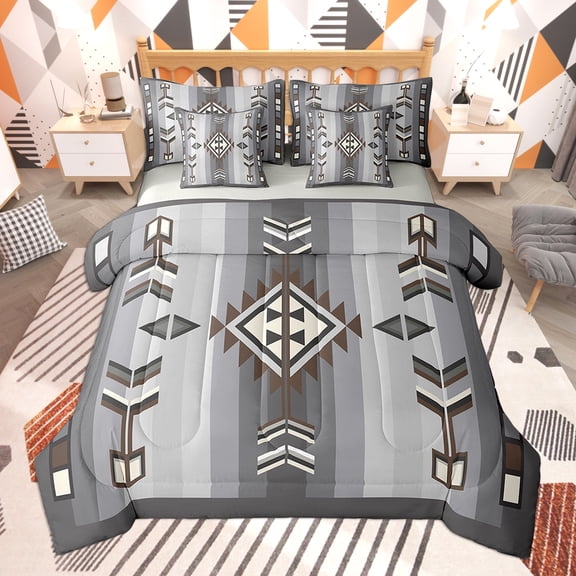 Feelyou Tribal Aztec Twin Bedding Sets 7-Piece, Gray Brown Bedding Comforter Set, Bohomian Hippie Style Sheet Sets, Microfiber Bedroom Decorative